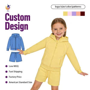 Girls Hoodie Set High Quality Long Sleeve Zipper Hooded Jacket With Pockets Shorts Custom Supported Casual Outfit