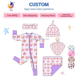 Organic Bamboo Fiber Valentine Day Baby Romper Custom Heat Transfer Logo Pattern Color Size Low MOQ Heart Print Sleepsuit
