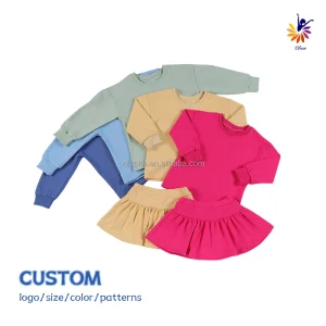 Girls Daily Wear Set Hoodie Long Short Sleeve Solid Color Pleated Skirt with Shorts Inside Custom