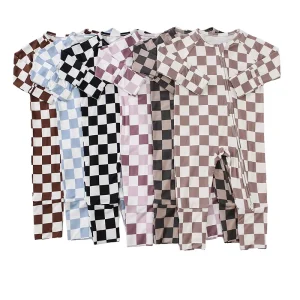 Baby Romper Organic Bamboo Checkered Jumpsuit Baby Onesie Custom Newborn Sleeper Sleepsuit Baby Clothes Print Infant Pajamas