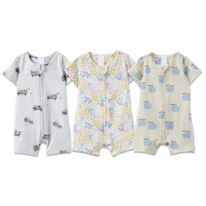 Organic Cotton Baby Onesie Short Sleeve Zip Romper Custom Print Newborn Sleepsuit Sustainable Baby Clothes Baby Sleepwear