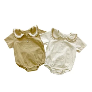 Organic Linen Bodysuit for Baby Sustainable Short Sleeve Oneise Bodysuit Wholesale Peter Pan Collar Newborn Romper Customize