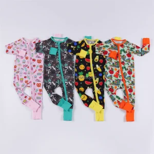 Custom Print 95% Bamboo 5% Spandex  Pajamas Baby Jumpsuit Sleepwear Kids Zipper Pajamas