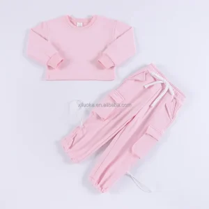 Hot Sale Custom Logo Cotton Kids Crewneck Sweatshirt Solid Color Sweatshirt Set for Kids