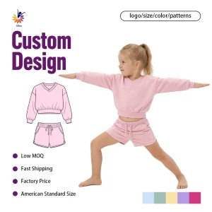 Girls Casual Sweatshirt Set Long Sleeve Shorts V Neck Solid Color Drawstring Waist Custom Logo Size