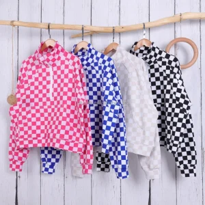 Cropped Hooded Sweatshirt Pullover Womens Camo Half Zip Autumn Checkered Pattern Branded Jacket Pocket