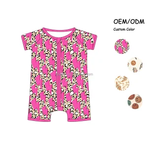 Factory Wholesale Customized Cute Printed Low-moq Bamboo Viscose Zipper Summer Shortie Rompers for Infants Popular Style