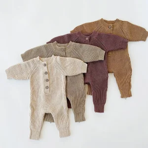 100% Organic Cotton Knit Baby Romper Custom New Born Knitted Jumpsuit Chunky Baby Sweater BSCI Factory Organic Baby Clothes