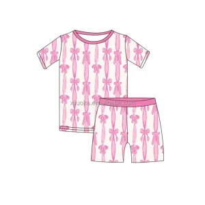 Wholesale Custom Print Pink Bows Kids Bamboo Clothing Girls Short Sleeve Two Piece Clothes Set