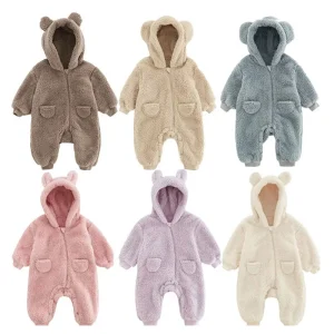 Organic Cotton Baby Bear Romper Fleece Baby Teddy Bear Suits Custom Baby Winter Clothes Bear Infant Zip up Romper Footie