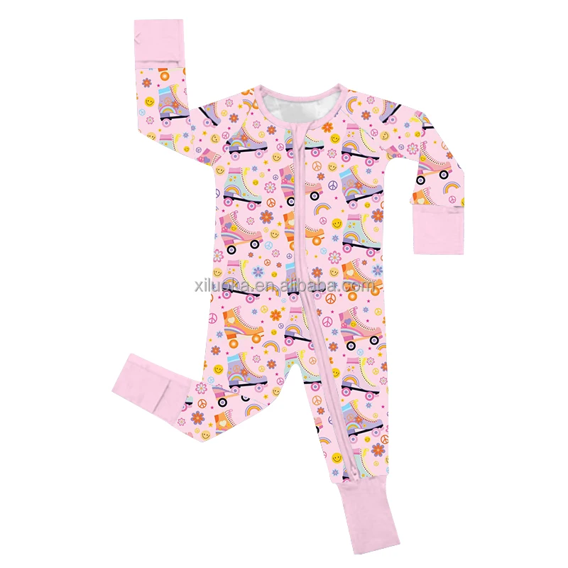 Wholesale bamboo sleeper rompers for newborns, featuring cute prints and long sleeves, efficiently packaged for bulk shipping. Perfect for retailers seeking quality kids' clothing.