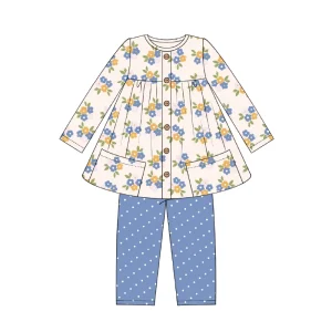Happy Luoka Customized Boutique Blue Pink Flower Newborn Baby Girl Pajamas Suit Long Sleeve Top Pants Toddler Clothes Set