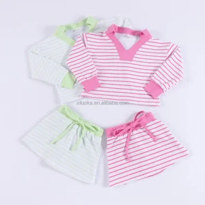Wholesale Collared V Neck Drop Shoulder Pullover and Skort Skirt 2pcs Outfit Set for Girl