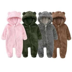 Teddy Bear Baby Onesie Baby Romper Warm Bear Hood Baby Overall Snowsuit Custom Newborn Hoodie Romper Fleece Infant Clothes