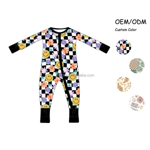 Fashion Checkered Bamboo Baby Zippy Custom Label Newborn Footie Jumpsuit with Double Zipper Long Sleeve Infant Sleepwear