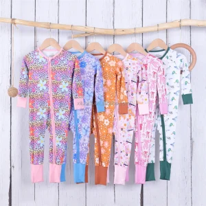 Custom Print Bamboo Baby Pajamas Ins Long Sleeve Zipper Baby Girl Boy Romper Infant Baby Romper Jumpsuit