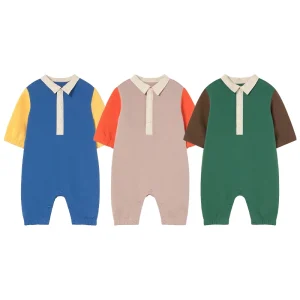 Organic Cotton Baby Rompers Color Block Polo One-piece French Terry Newborn Sleep Suits Custom Baby Jumpsuit Winter Baby Clothes