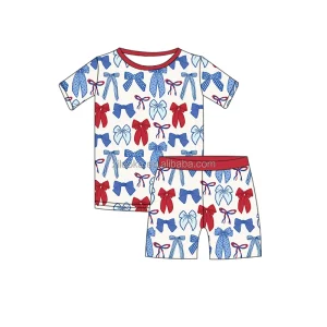 4th of July Bows Print Short Sleeve Baby Girls Bamboo Clothing Set for Summer Kids Clothes