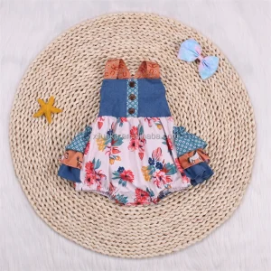 Custom Logo Western Style Flower Bubble With Ruffle Baby Girls Romper