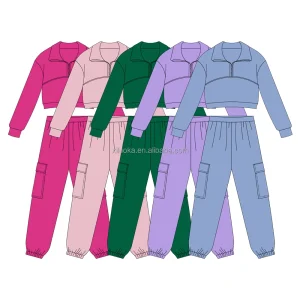 Girls 2 Piece Sweatsuit Set Quarter Zip Crop Hoodie and Jogger Pants with Pockets Sportswear Outfit