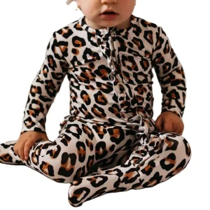 Leopard Baby Rompers One Piece Zipper Jumpsuit Organic Bamboo Footless Romper Leopard Baby Sleepsuit Bamboo Ruffles Romper