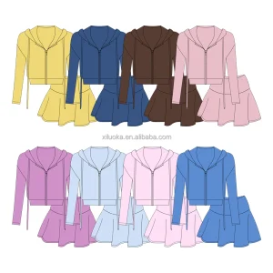Girls 2 Piece Set Hooded Zipper Jacket Pleated Skirt Casual Wear Outfits Kids Clothes Girls