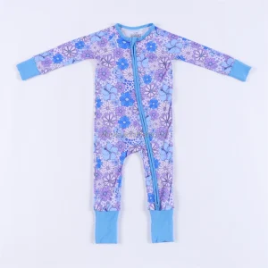 Custom Printed Bamboo Baby Romper Pajamas Zipper Closure Casual Floral Pattern Sizes for 0-3 3-6 6-9 9-12 Months ODM