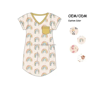 Factory Direct Low-moq Custom Print Size Short Sleeve Soft Breathable Bamboo Dress with Pocket Girls Bodysuit