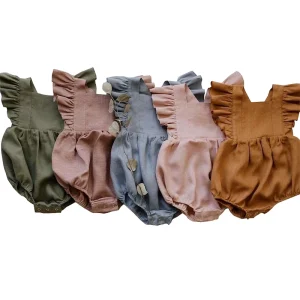 Baby Bodysuit Linen Cotton Ruffle Sleeve Baby Romper Custom Newborn Sleep Suit Eco Friendly Sleepwear Infant Baby Clothes