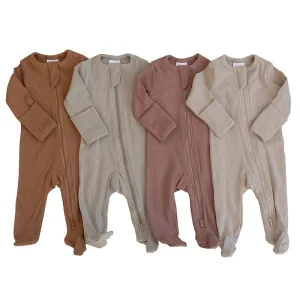 Ribbed Baby Romper Organic Cotton Rib Zipper Footed Newborn Knit Romper Sleep Suit with Zip Thermal Cotton Baby Sleeping Onesie