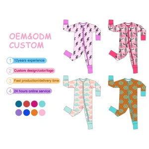 Custom Logo Infant Bamboo Fiber Romper High Quality Baby Sleepwear Two Way Zipper Kids Pajamas with Footie Grip
