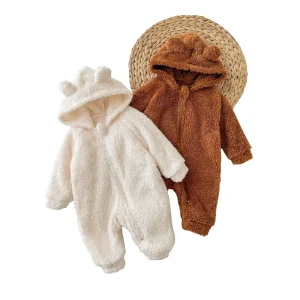 Baby Fleece Rompers Custom Baby Jumpsuit Solid Color Fluffy Hooded Romper Winter Baby Teddy Bear Outfit Warm Baby Clothes