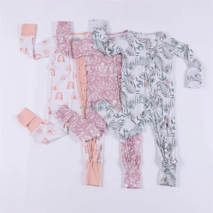 OEM  Boutique Newborn Baby Long Sleeve Bamboo Custom Pajamas Soft Baby Girl Zip Footie Romper