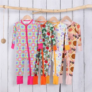 Custom Printing Bamboo Fabric Breathable Soft Baby Bamboo Clothing One Piece Pajamas Folded Cuffs Double Zippy Romper