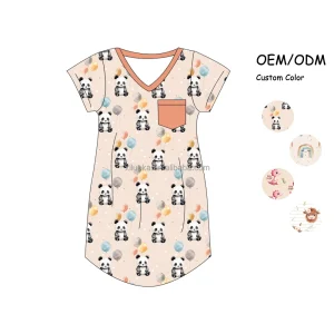 USA Popular Low-moq Custom Print Size Short Sleeve Breathable Bamboo Pocket Dress Girls Pajamas Wear