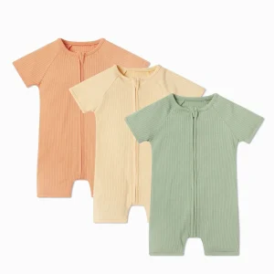 Bamboo Cotton Baby Romper Organic Ribbed Zip Summer Pajamas Short Sleeve Baby Onesie Custom Baby Clothes Newborn Sleepsuit