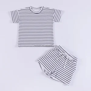 Custom Summer Infant Baby Stripe Knit Cotton Short Sleeve Shirt Match Drawstring Shorts Casual Tracksuits Kids Clothes Set
