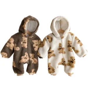 Teddy Bear Fleece Romper Teddy Baby Hoodie Romper Newborn Onesie Custom Teddy Jumpsuit Baby Clothes Winter Baby Sleep Suits