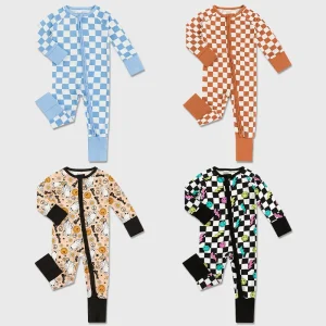 Organic Rompers Baby Jumpsuit Bamboo Zipper Pajamas Custom Checkerboard Pattern Bamboo Romper Baby Clothes Baby Onesie Sleepsuit