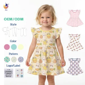 OEM Organic Bamboo Baby Girls Cute Twirl Dresses Snap Button Closure Solid Breathable Skirt Ruffled Sleeve Bodysuit Dress