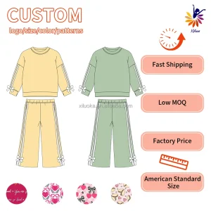 Girls Long Sleeve Hoodie Set Side Stripe Design Bow Cuff Ankle Custom Color Logo Kids Tracksuit
