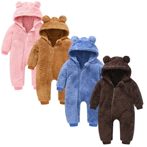 Recycled Polyester Baby Onesie Baby Hoodie Romper Teddy Fleece Baby Jumpsuit Custom Winter Infant Bear One-Piece Sleepsuit Zip