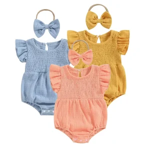 Custom Cotton Baby Girl Flutter Sleeve Romper Bodysuit Custom Ruffle Sleeve Solid Newborn Onesie Baby Sleeper Infant Clothes