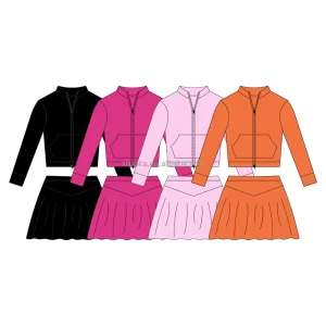 Custom Logo Solid Color Two Piece Pleated Skirt Set Zipper Top and Skirt Sports Jogger Suits
