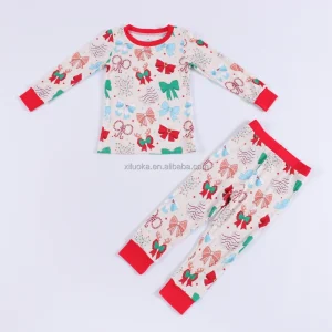 Factory Custom Baby Two Pieces Bamboo Lounge Set Bow Printed Baby Long Sleeves Pajamas Sleepers Toddlers Bamboo Sleepwear